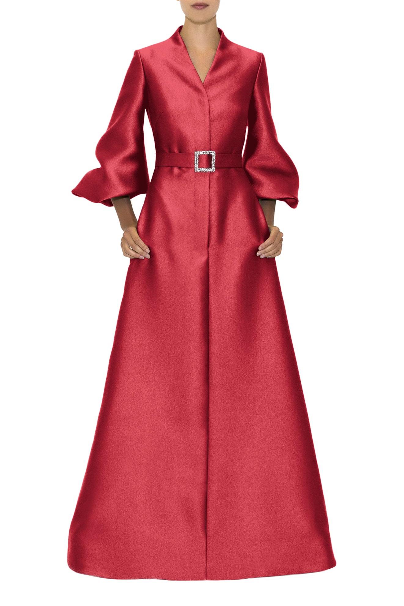 BLOUSON SLEEVE, HIGH V-NECK DRESS WITH EMBROIDERED BELT BUCKLE